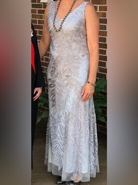 JS Collections Pale Gray Leaf-Embroidered Maxi Dress